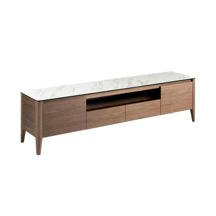 Mueble TV nogal con tapa de cristal imitación mármol, foto de producto
