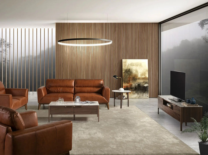 Mueble TV nogal con tapa de cristal marmol elegante