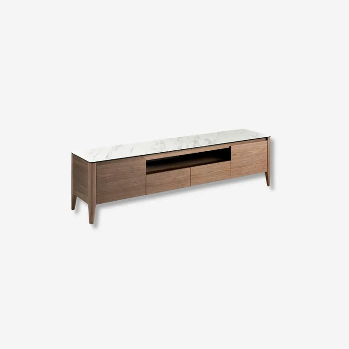 Mueble TV nogal con tapa de cristal imitación mármol 