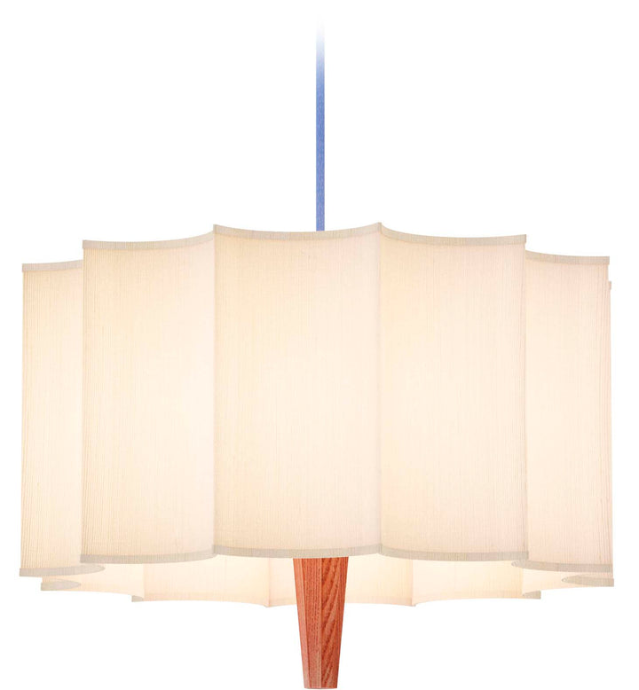 Rain Pendant Lamp - Chestnut wood frame, white shade and blue textile cable