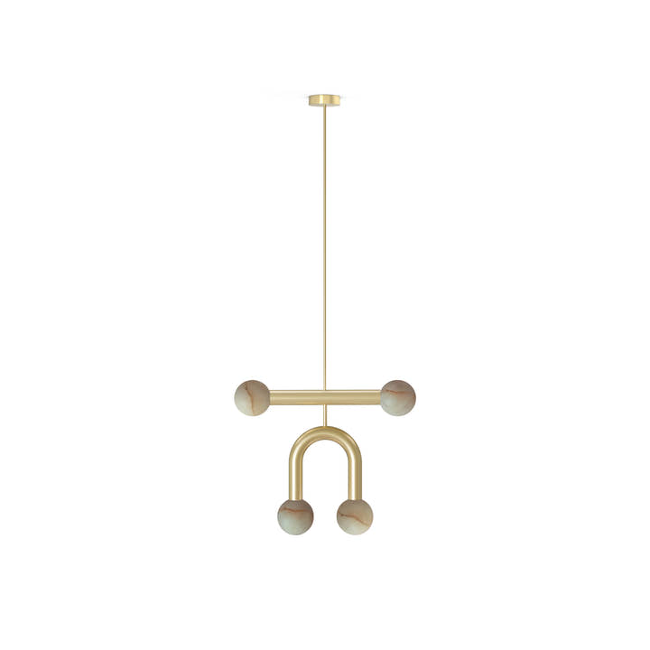 Lámpara Rigoberta Colgante Duo Super Curvo - Dorado, cable dorado textil y bola alabastro