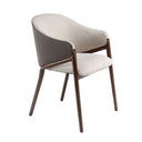 Silla con reposabrazos de diseño moderno con asiento tapizado en tela color beige y respaldo tapizado en polipiel color visón oscuro.