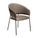 Silla con reposabrazos de diseño moderno con asiento y respaldo tapizados en polipiel color visón oscuro y elegante