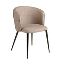Silla de diseño moderno con asiento y respaldo tapizados en tela color marrón. 