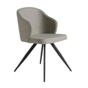 Silla con reposabrazos de diseño moderno con asiento y respaldo tapizados en tela color gris. 
