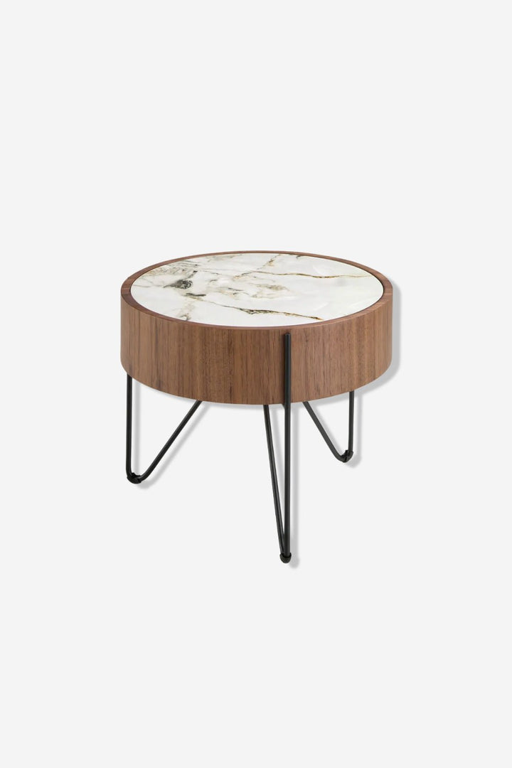 Ronde hoektafel in porselein marmer, notenhout en zwart staal