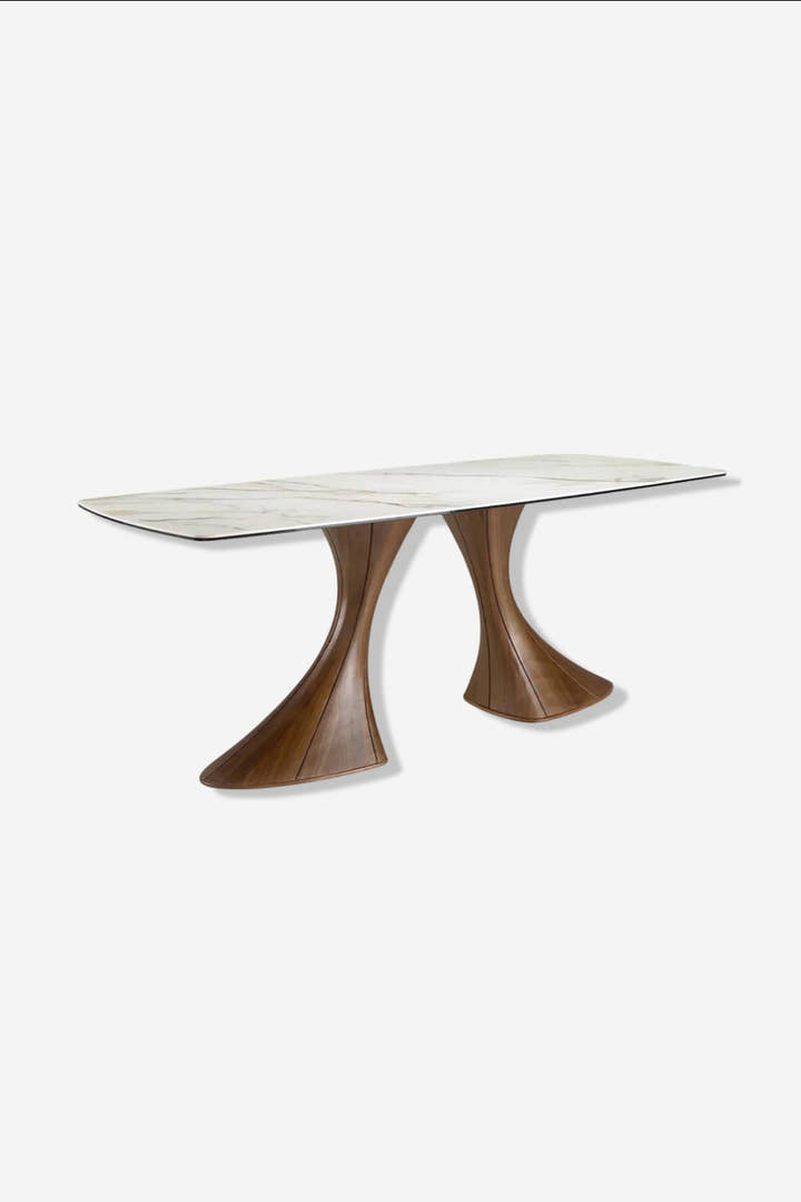 Mesa comedor ovalada barril mármol porcelánico y nogal - Mesa de comedor - El Workshop - nogal