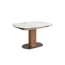 Mesa comedor extensible ovalada barril mármol porcelánico y nogal