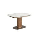 Mesa comedor extensible ovalada barril mármol porcelánico y nogal