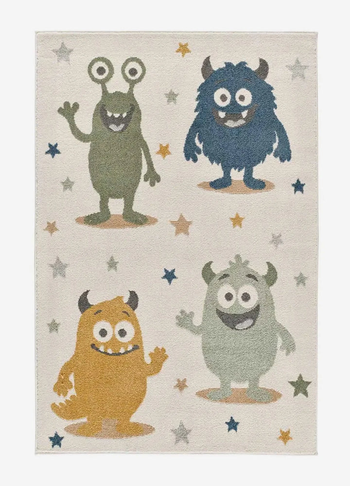 ALFOMBRA INFANTIL BEATS 40500 CON MONSTRUOS EN COLOR AZUL, foto de producto sobre fondo gris de estudio