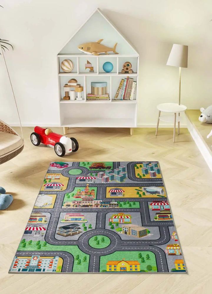 ALFOMBRA INFANTIL CANDY 22005 CON COCHES Y CARRETERAS EN MULTICOLOR
