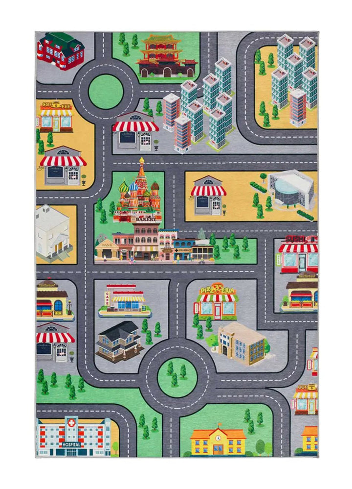 ALFOMBRA INFANTIL CANDY 22005 CON COCHES Y CARRETERAS EN MULTICOLOR, foto de producto