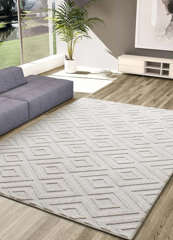 ALFOMBRA ESTILO 23061 DE ESTILO GEOMÉTRICO CON RELIEVE EN COLOR CREMA