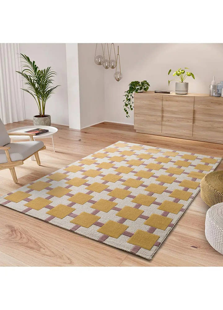 ALFOMBRA FLASHY 25403 DE ESTILO GEOMÉTRICO EN COLOR MOSTAZA Y ROSA - Alfombras - El Workshop-170 x 120 x 0.7 cm
