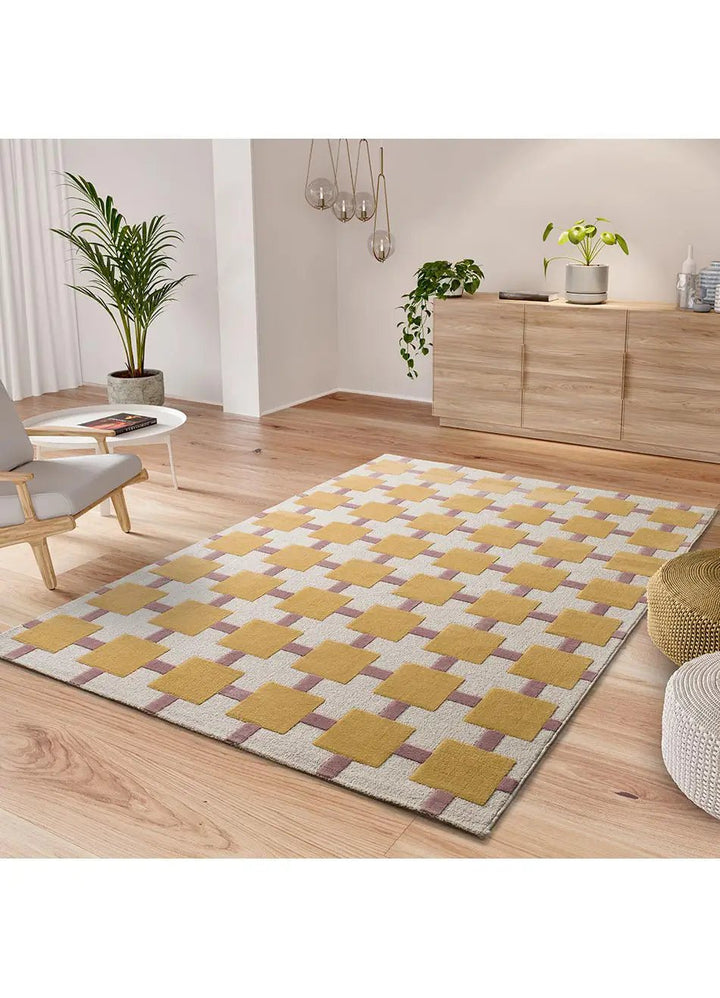 ALFOMBRA FLASHY 25403 DE ESTILO GEOMÉTRICO EN COLOR MOSTAZA Y ROSA