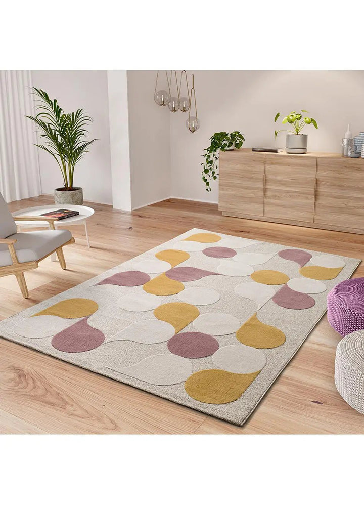 ALFOMBRA FLASHY 25411 DE ESTILO GEOMÉTRICO EN COLOR MOSTAZA Y ROSA