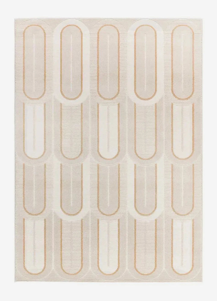 ALFOMBRA FLORA 12968 DE ESTILO GEOMÉTRICO CON RELIEVE EN COLOR BLANCO, foto de producto sobre fondo gris de estudio