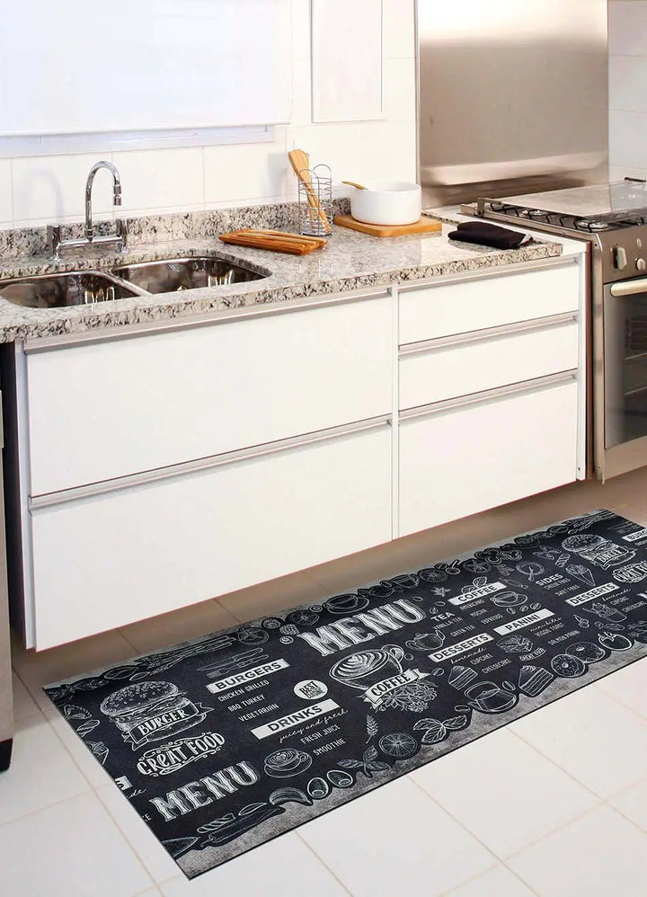 RICCI MENU KITCHEN MAT WITH MODERN PATTERN IN BLACK