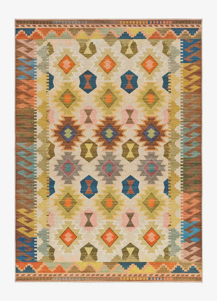 Alfombra Serak 1048 de estilo étnico en multicolor sobre fondo gris de estudio
