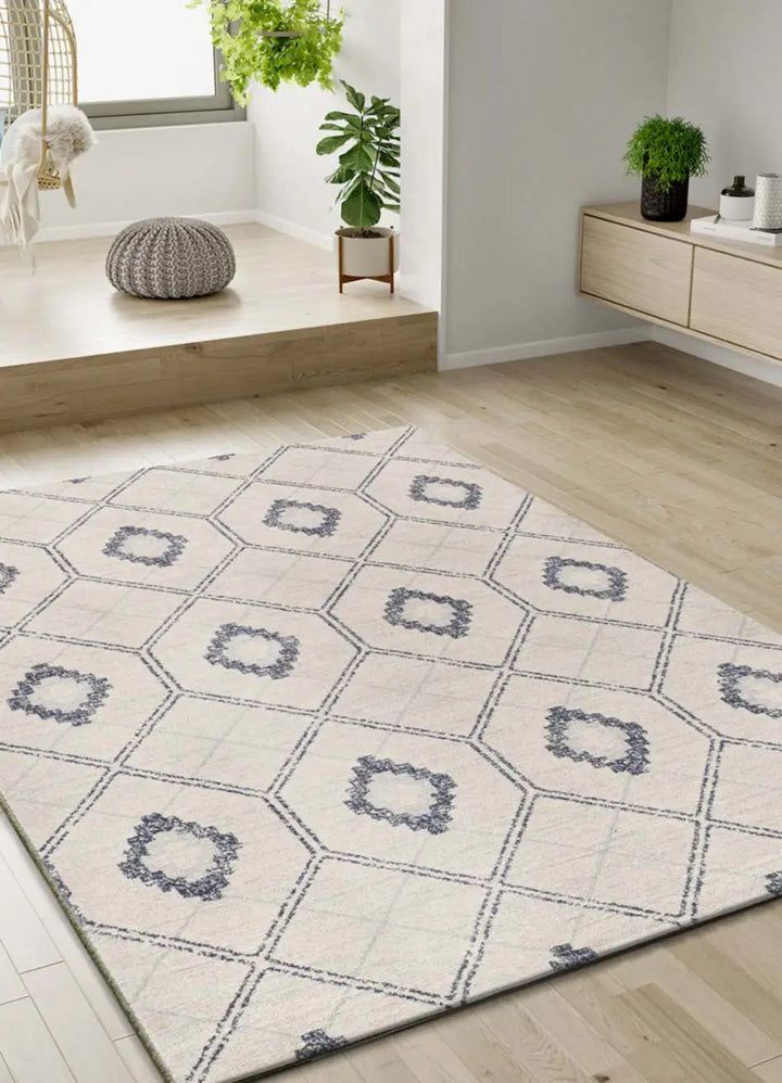 ALFOMBRA SIROCO 16806 DE ESTILO GEOMÉTRICO EN COLOR AZUL Y BLANCO