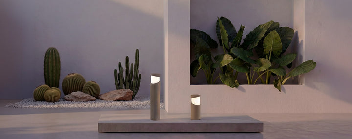 baliza de exterior redonda de cemento y cristal arena ø14,7 x 70 cm, ambiente