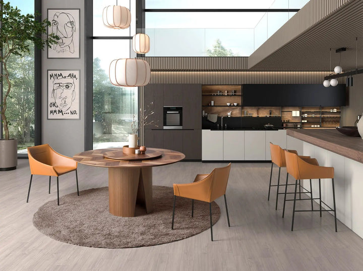 banca moderna para isla de cocina, en piel color marron y base metálica negra minimalista