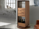 bar compacto de diseño giratorio con estructura vertical en madera chapada y base redonda