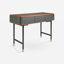 Consola rectangular nogal, madera gris oscuro y acero negro sobre fondo gris de estudio