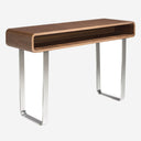 Consola rectangular nogal y acero cromado, foto de producto sobre fondo gris de estudio