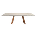 Mesa comedor extensible rectangular mármol porcelánico y acero efecto nogal