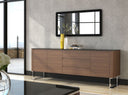 Walnut sideboard, chrome-plated steel and black glass top