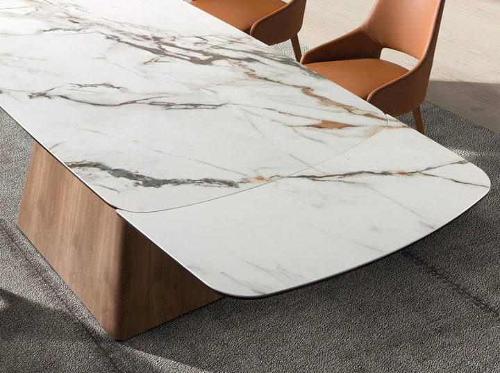 Mesa comedor extensible rectangular mármol porcelánico y nogal en ambiente decorado (2)