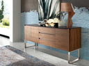 Walnut sideboard, chrome-plated steel and black glass top