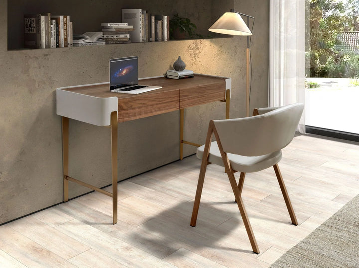 Walnut, beige and polished gold steel desk