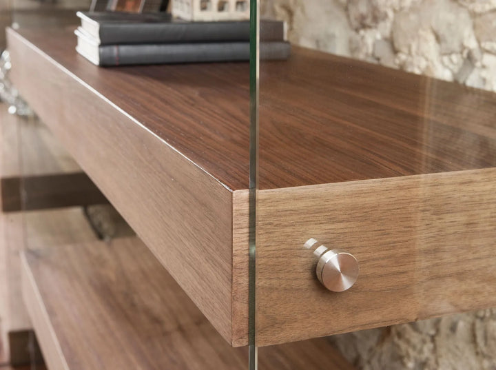 Walnut and glass shelving