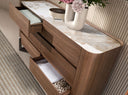 Chest of drawers in walnut, mink metal steel and porcelain marble top