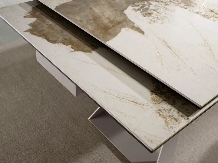 Mesa comedor extensible rectangular mármol porcelánico y acero color champagne