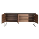 Walnut sideboard, chrome-plated steel and black glass top