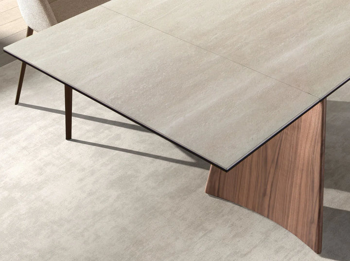 Mesa comedor extensible rectangular mármol porcelánico y acero efecto nogal