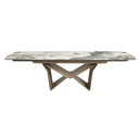 Mesa comedor extensible ovalada barril mármol porcelánico y acero taupé metalizado
