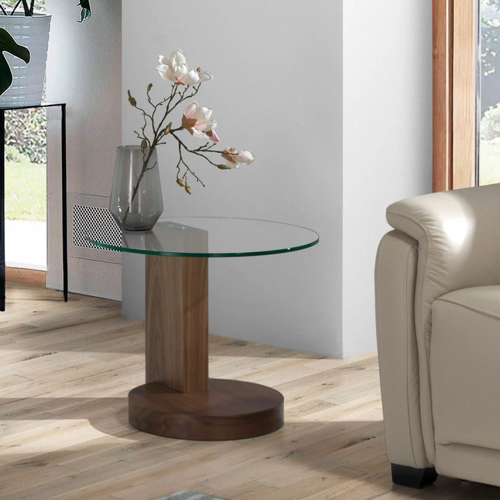 Round corner table with tempered glass and walnut