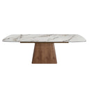 Mesa comedor extensible rectangular mármol porcelánico y nogal
