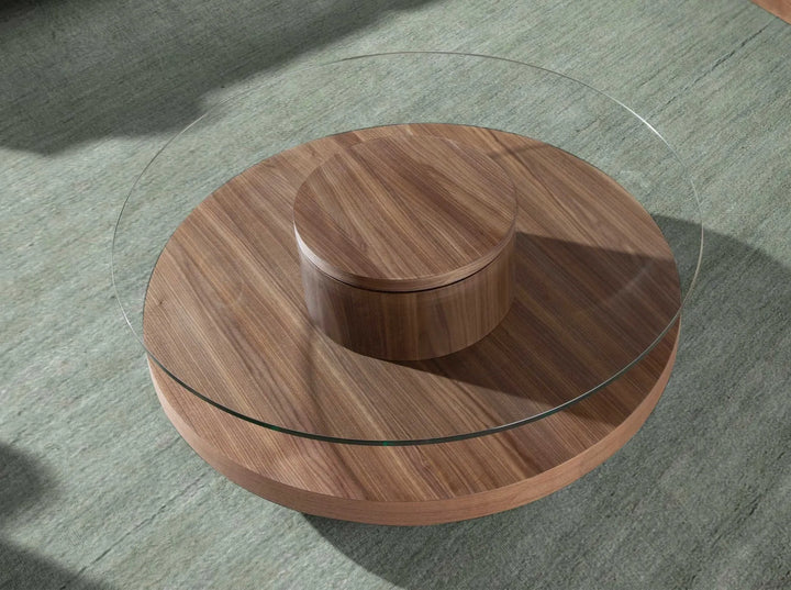 Mesa centro redonda cristal templado y nogal