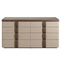 Cómoda piel, nogal, base acero pulido y tapa de cristal fumé marrón