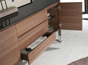 Walnut sideboard, chrome-plated steel and black glass top