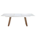 Mesa comedor extensible ovalada barril mármol porcelánico y nogal