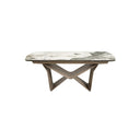 Mesa comedor extensible ovalada barril mármol porcelánico y acero taupé metalizado
