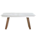 Mesa comedor extensible ovalada barril mármol porcelánico y nogal