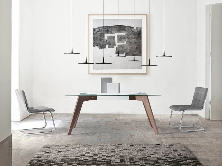 Mesa comedor rectangular cristal templado y nogal