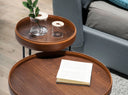 Ronde hoektafel in kunstleer, notenhout en zwart staal